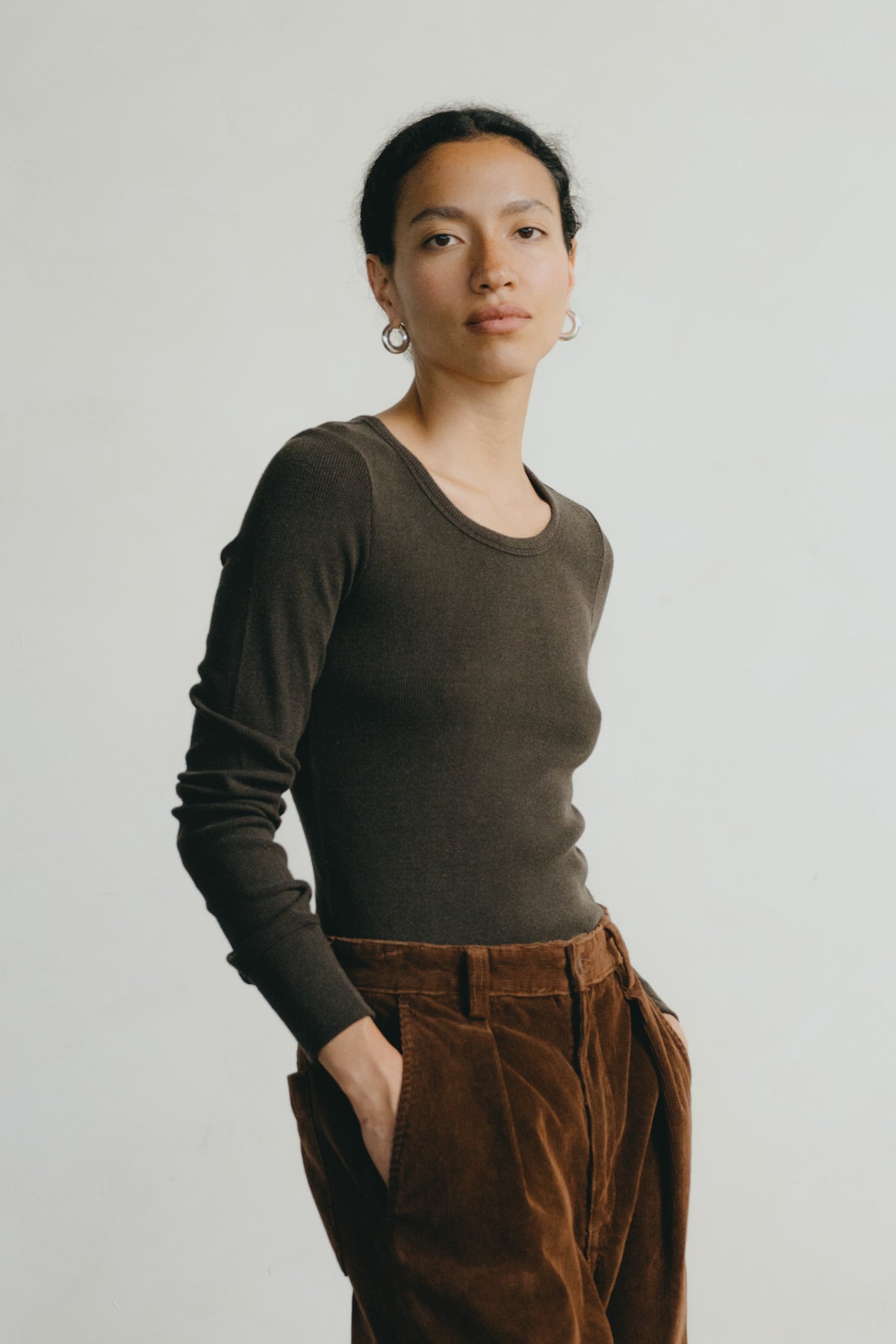 Rib Long Sleeve, Ribbed Silk Noil Jersey, Walnut