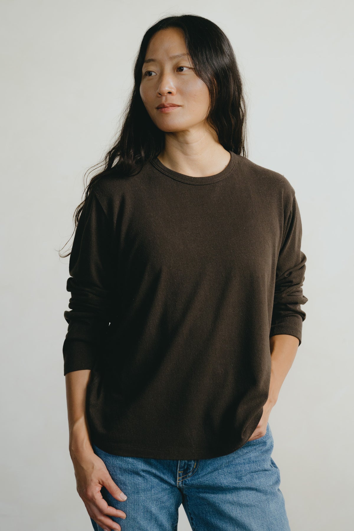 Long Sleeve Big Tee, Regen Silk Noil Jersey, Walnut