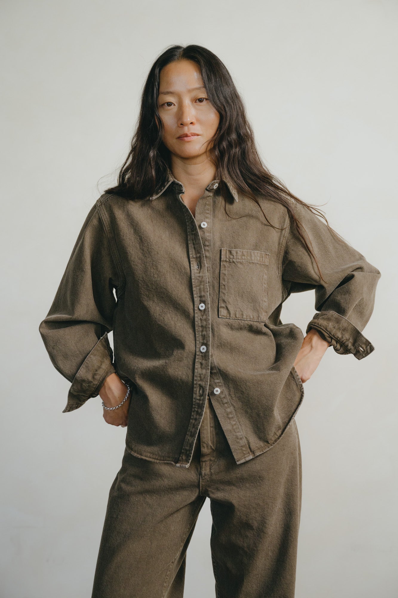 Denim Marcie Shirt, Recycled Denim, Vintage Brown
