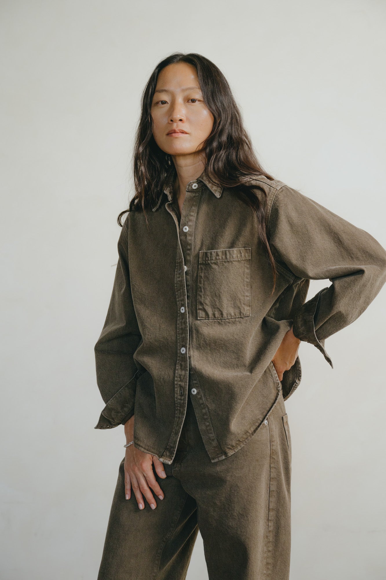 Denim Marcie Shirt, Recycled Denim, Vintage Brown