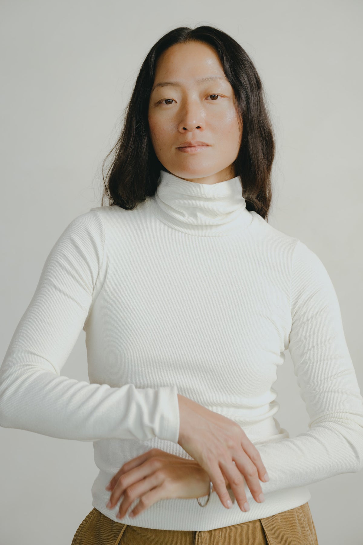 Marianne Rib Turtleneck, Ribbed Silk Noil Jersey, Natural