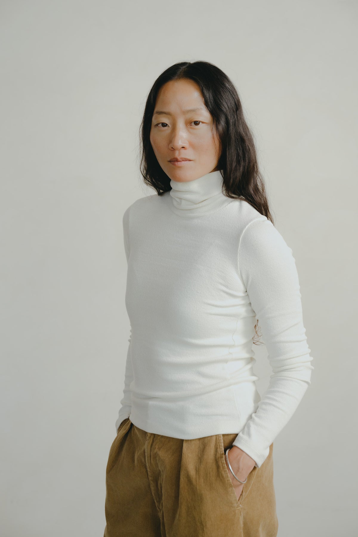 Marianne Rib Turtleneck, Ribbed Silk Noil Jersey, Natural