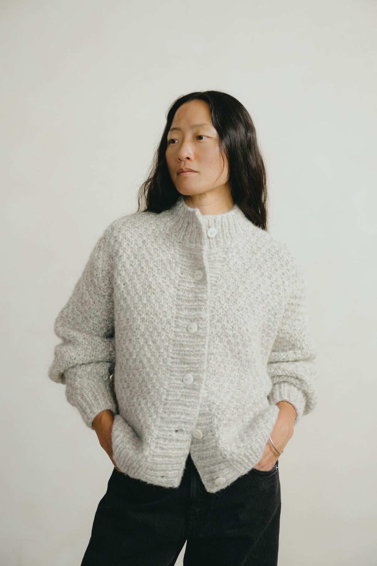 Bell Hand Knit Cardigan, Alpaca Cotton, Fog