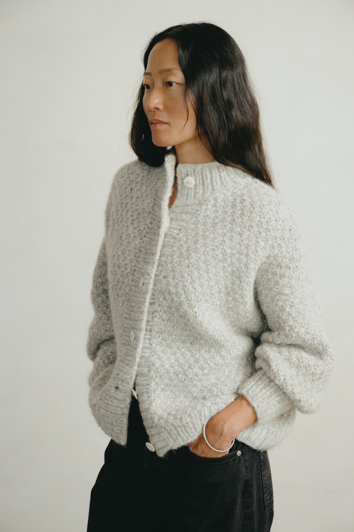 Bell Hand Knit Cardigan, Alpaca Cotton, Fog