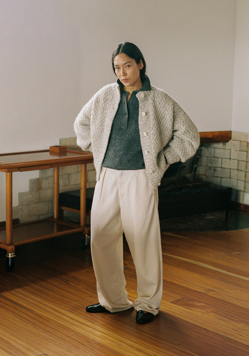 Bell Hand Knit Cardigan, Alpaca Cotton, Fog