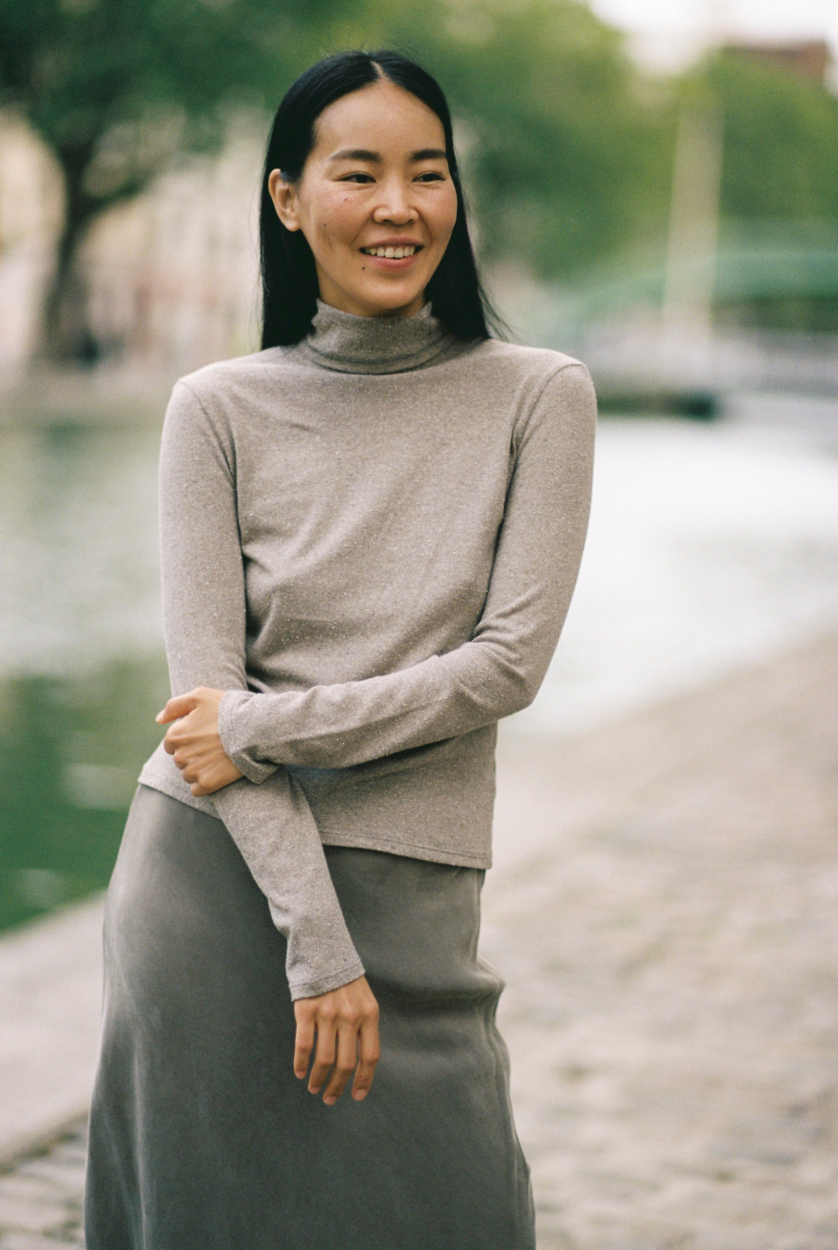 (Imperfect) Marianne Turtleneck, Regen Silk Noil Jersey, Twig Heather